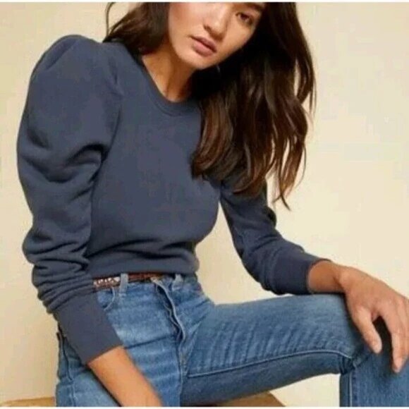 Nation LTD Sweaters - Nation LTD Nikka Pleat Shoulder Puff Sleeve Sweatshirt Coastal Navy Blue Sz S